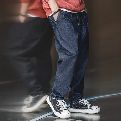 Retro Baggy Men's Jeans – Wide-Leg Tapered Denim with Elastic Waist